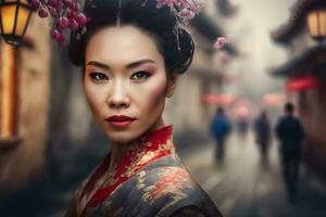 lindo ásia chinês mulher retrato. neural rede ai gerado foto