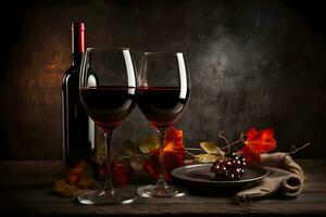 óculos do vermelho vinho dentro uma restaurante. romântico jantar. neural rede ai gerado foto