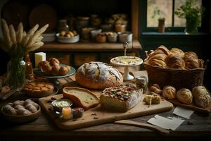 padaria produtos sortimento com pão pães, pães, rolos e dinamarquês pastelaria. neural rede ai gerado foto