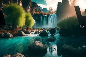 lindo panorama com grande cascata dentro ensolarado horário de verão. neural rede gerado arte foto