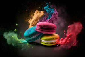 colorida macarons com açúcar pó explosão momento em Preto fundo. neural rede gerado arte foto