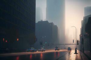 urbano arranha-céus às cedo nebuloso manhã dentro a cidade distrito. neural rede gerado arte foto