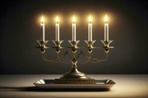 hanukkah menorah em judaico tradicional festivo mesa. neural rede gerado arte foto