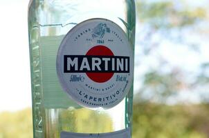 garrafa do Vermute martini rossi fechar acima logotipo em uma verde árvores fundo foto