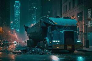 lixo caminhão dentro a noite cidade. neural rede ai gerado foto