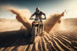 cavaleiro em uma ktm bicicleta dentro a deserto. neural rede ai gerado foto