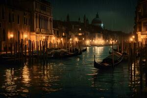 agradável rua Visão do Veneza gondoleiros às noite. neural rede ai gerado foto