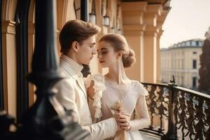 aristocrático casal se beijando dentro a Palácio. neural rede ai gerado foto