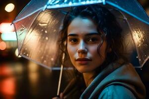 retrato do uma menina com a guarda-chuva dentro a chuva. neural rede ai gerado foto