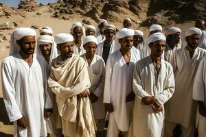 muitos árabe homens dentro a deserto. neural rede ai gerado foto