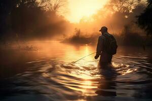 pescador de a lago às alvorecer. neural rede ai gerado foto