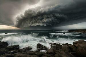 a perfeito cogumelo nuvem tempestade sobre a mar. neural rede ai gerado foto