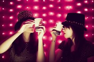 dois atraente jovem mulheres encontro acima dentro uma bar. neural rede ai gerado foto