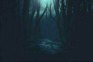 assustador dia das Bruxas morto misterioso floresta arrepiante árvores com torcido raízes e dois lagarto em enevoado noite floresta. assustador conceito. neural rede ai gerado foto