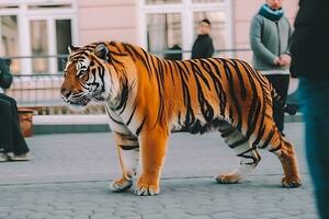 urbano tigre apocalipse. uma tigre caminhando através urbano ruínas dentro uma pós-apocalipse gostar contexto. neural rede ai gerado foto