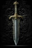 medieval espada e bainha. fantasia dourado espada com grandes lâmina. neural rede gerado arte foto