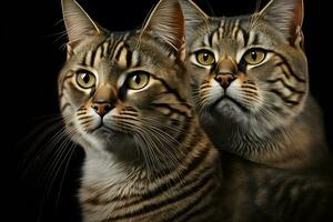 retrato do dois doméstico gatos com malhado pele ao ar livre com Sombrio fundo. neural rede gerado arte foto