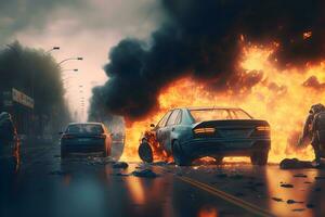 queimando automóvel carros em fogo acidente dentro cidade estrada. neural rede gerado arte foto