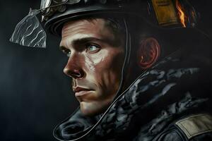 retrato do bombeiro sujo face dentro especial capacete e bombeiros uniforme. neural rede gerado arte foto