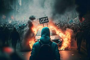 a multidão motins dentro a rua, protestos. queimando cidade. neural rede gerado arte foto