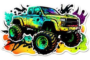 monstro caminhão adesivo com multicolorido pintura splash. neural rede gerado arte foto