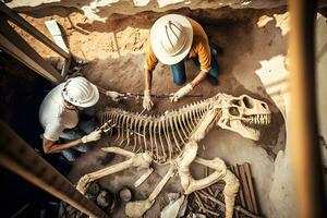 arqueólogo trabalho em a arqueológico local com dinossauro esqueleto dentro parede pedra fóssil tiranossauro escavações. neural rede ai gerado foto