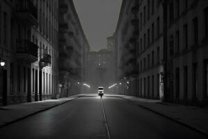 panorama Visão do a esvaziar rua do uma Preto e branco cidade. neural rede ai gerado foto