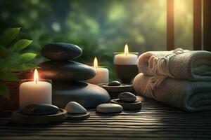 beleza spa tratamento e relaxar conceito. quente pedra massagem configuração aceso de velas. neural rede ai gerado foto
