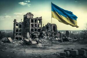 bandeira do Ucrânia e destruído prédio. guerra conceito. neural rede ai gerado foto