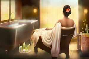 lindo jovem mulher relaxante dentro spa salão. neural rede ai gerado foto