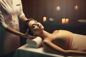 jovem mulher tendo massagem dentro spa salão. neural rede ai gerado foto