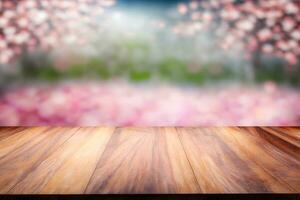 Primavera sazonal do Rosa sakura ramo com de madeira mesa ficar em pé, flor fundo. neural rede ai gerado foto