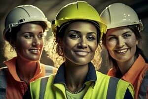 uma equipe do fêmea construção engenheiros. fêmea gerentes do diferente nacionalidades estão trabalhando junto. neural rede ai gerado foto