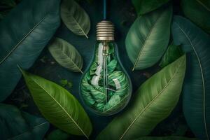 luz lâmpada contra natureza em verde folhas energia fontes para renovável, sustentável desenvolvimento. ecologia conceito. neural rede ai gerado foto