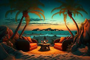 luxo de praia com relaxar salão Lugar, colocar para descansar Próximo para mar costa debaixo a Palma árvores neural rede gerado arte foto