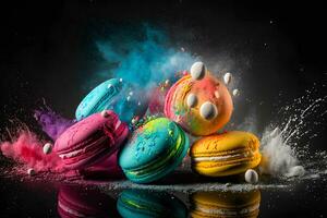 colorida macarons com açúcar pó explosão momento em Preto fundo. neural rede gerado arte foto