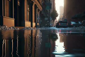inundar dentro cidade Centro com luz céu depois de pesado chuva. neural rede gerado arte foto