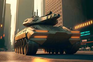 moderno futurista batalha tanque com torre e canhão dentro cidade Centro. neural rede gerado arte foto