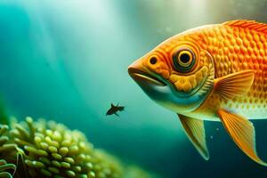 uma peixe natação dentro a oceano com uma peixe dentro a fundo. gerado por IA foto