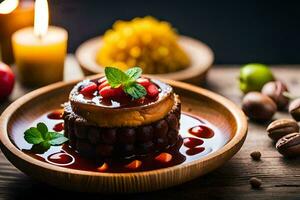 uma sobremesa com fruta e especiarias em uma de madeira mesa. gerado por IA foto