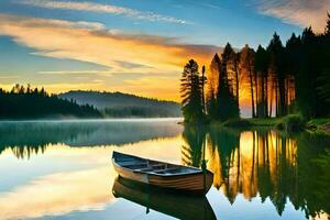 uma barco é flutuando em a calma água às pôr do sol. gerado por IA foto