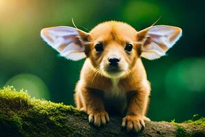uma pequeno cachorro com grande orelhas sentado em uma árvore. gerado por IA foto