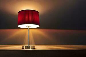uma vermelho luminária em uma mesa dentro frente do uma muro. gerado por IA foto