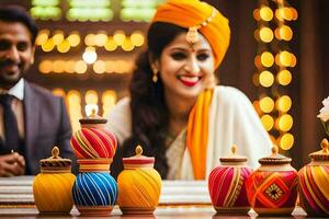 uma casal dentro tradicional indiano vestuário é sorridente às a Câmera. gerado por IA foto