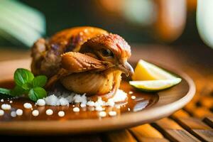 uma frango é sentado em uma prato com Lima e sal. gerado por IA foto