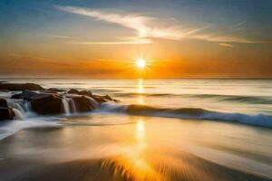 nascer do sol sobre a oceano, ondas falhando em a costa. gerado por IA foto