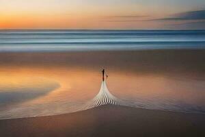 uma homem é caminhando em a de praia às pôr do sol. gerado por IA foto