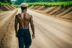 uma homem caminhando baixa uma sujeira estrada com não camisa sobre. gerado por IA foto