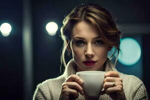 uma mulher segurando uma copo do café. gerado por IA foto