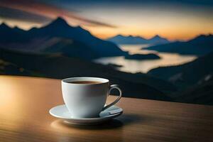 café copo em a mesa com montanhas dentro a fundo. gerado por IA foto